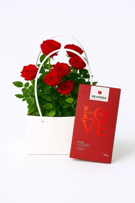 מארז סלסלת ורדים ושוקלד LOVE