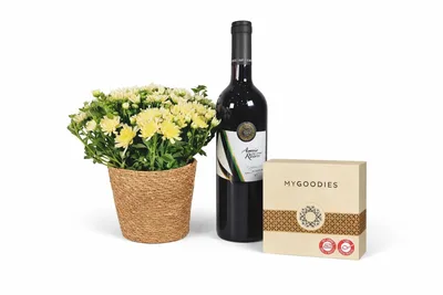 מארז עציץ חרצית בסלסלת קש